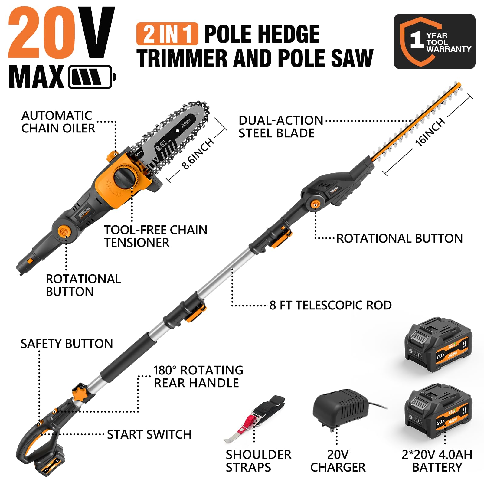 Alloyman pole saw cutting overhead branch for safer ladder-free trimming