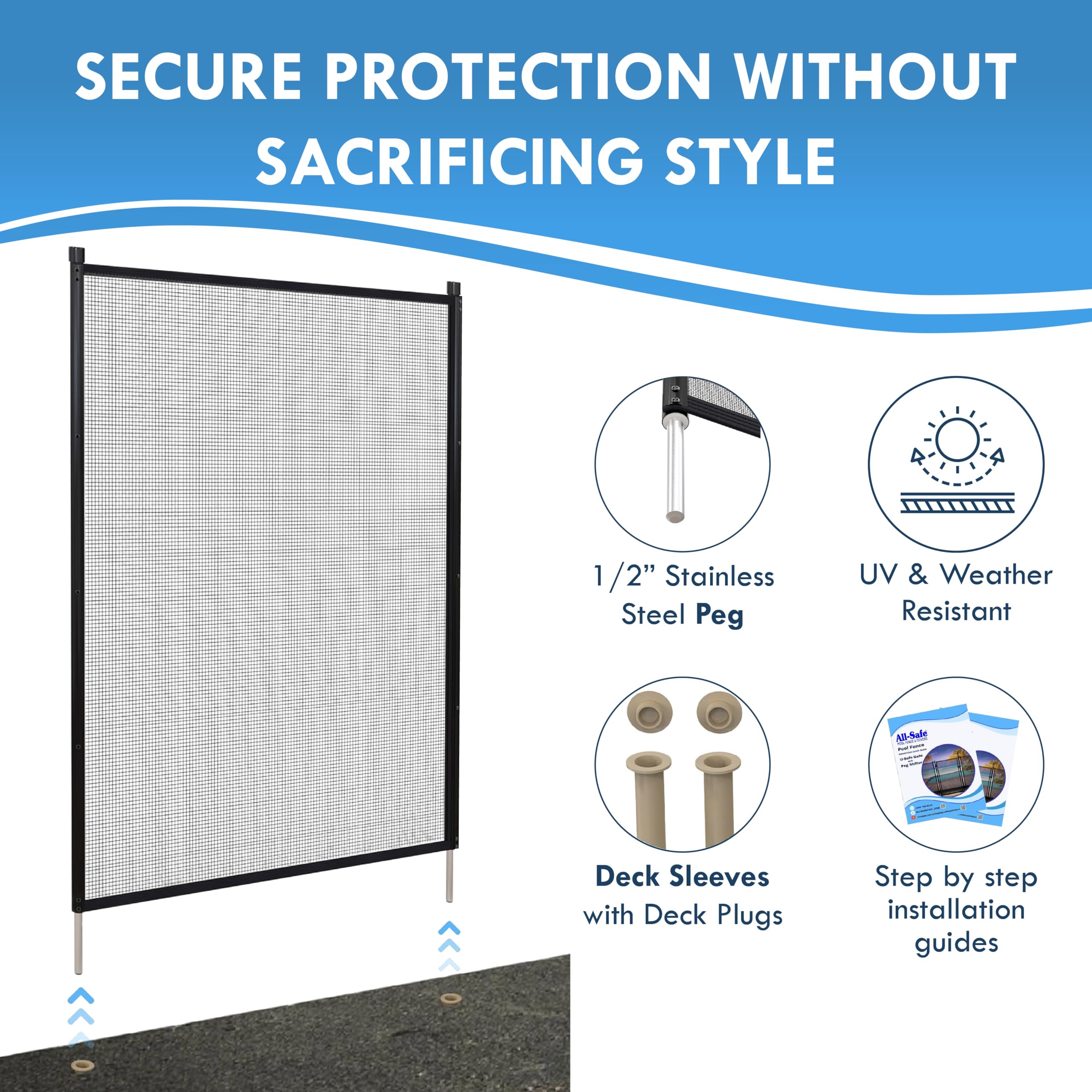 ALLSAFE fence panel in use beside pool showing child and pet barrier benefit