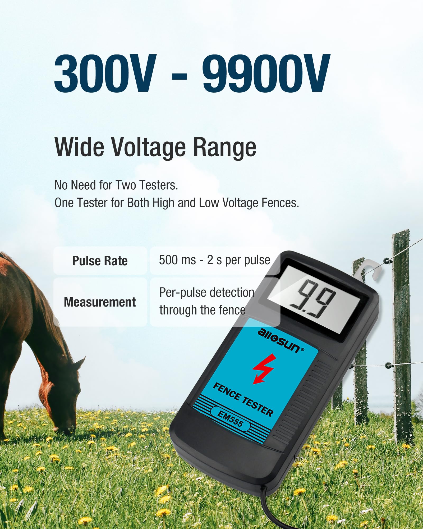allsun EM555 LCD closeup displaying numeric voltage for fast readings