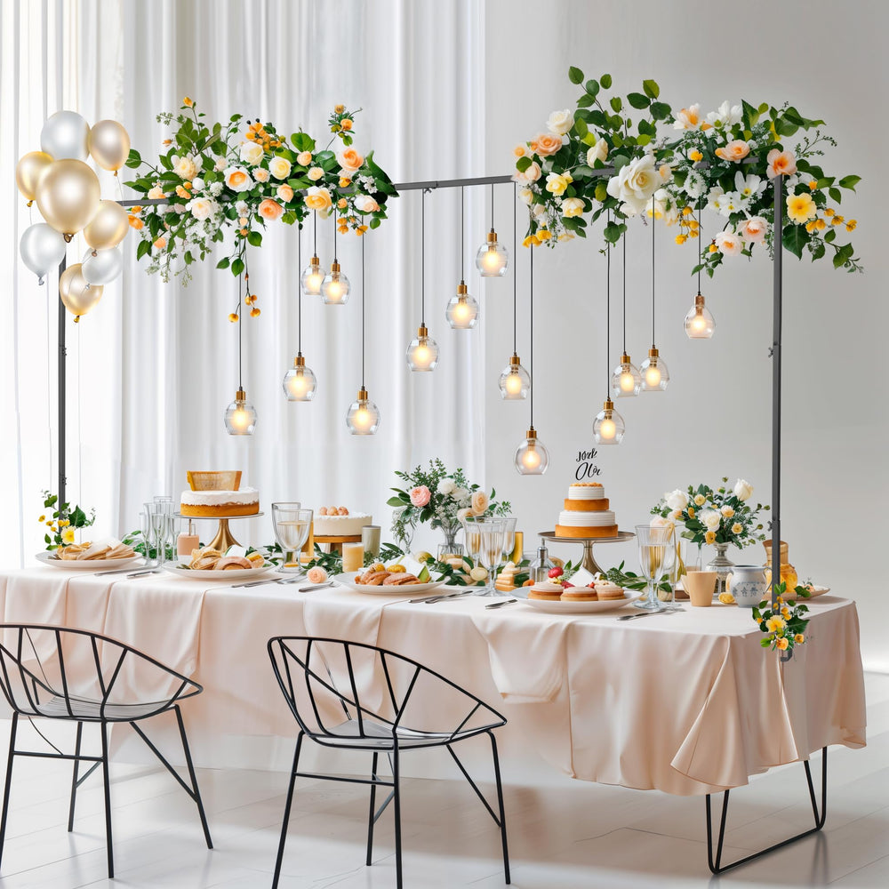 Almirantra front view table arch showing full assembled span and sleek black finish for elegant decor