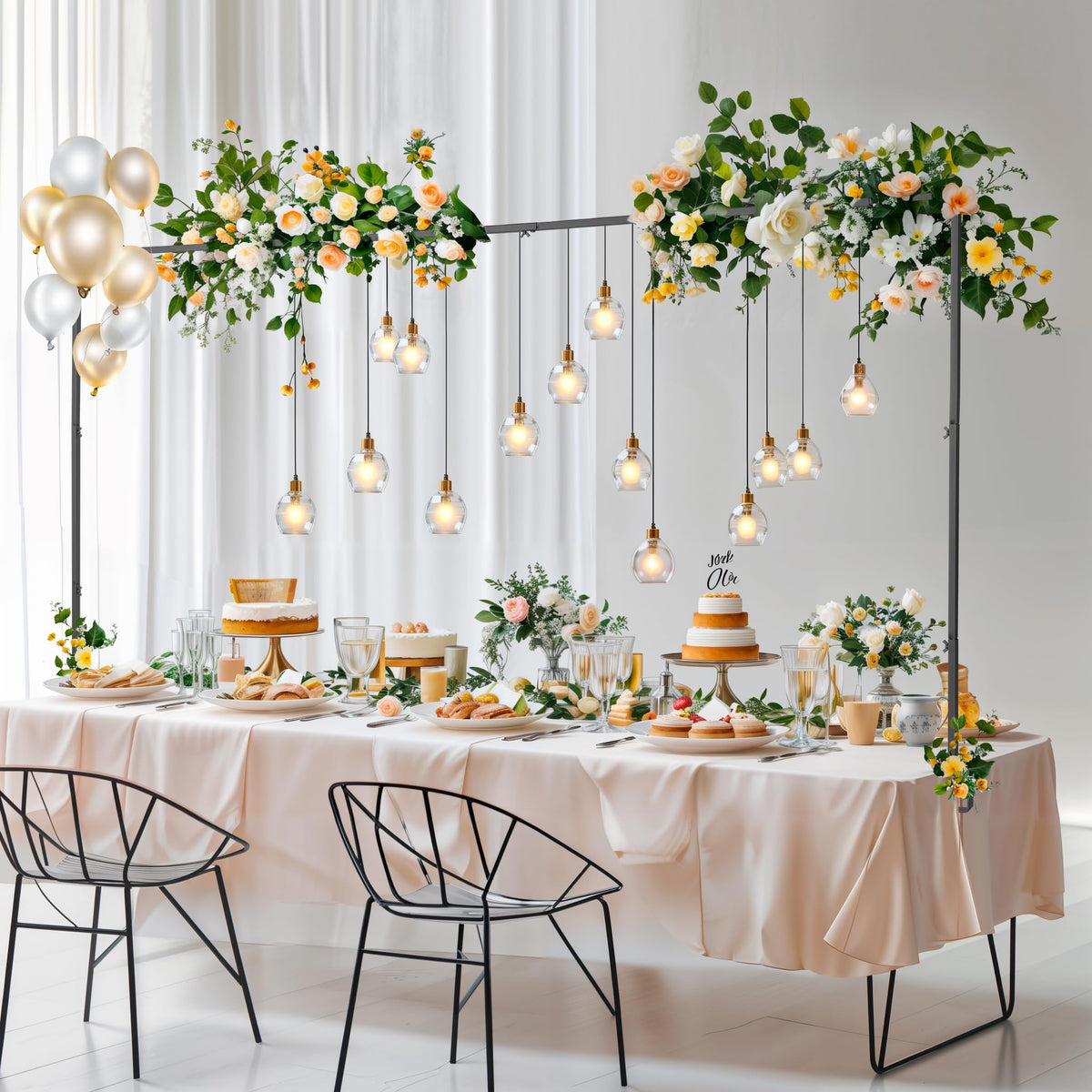 Almirantra front view table arch showing full assembled span and sleek black finish for elegant decor