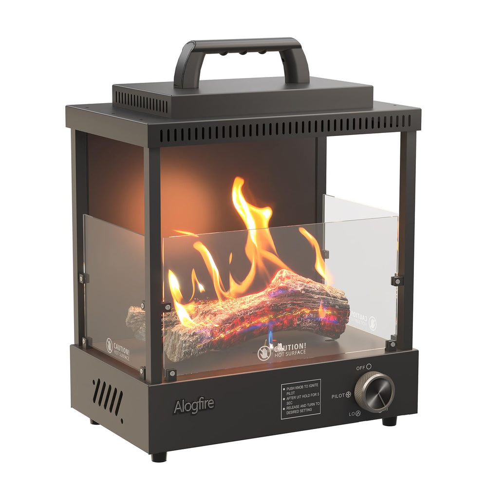 alogfire front view on tabletop showing compact flame and cozy ambiance