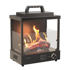 alogfire front view on tabletop showing compact flame and cozy ambiance