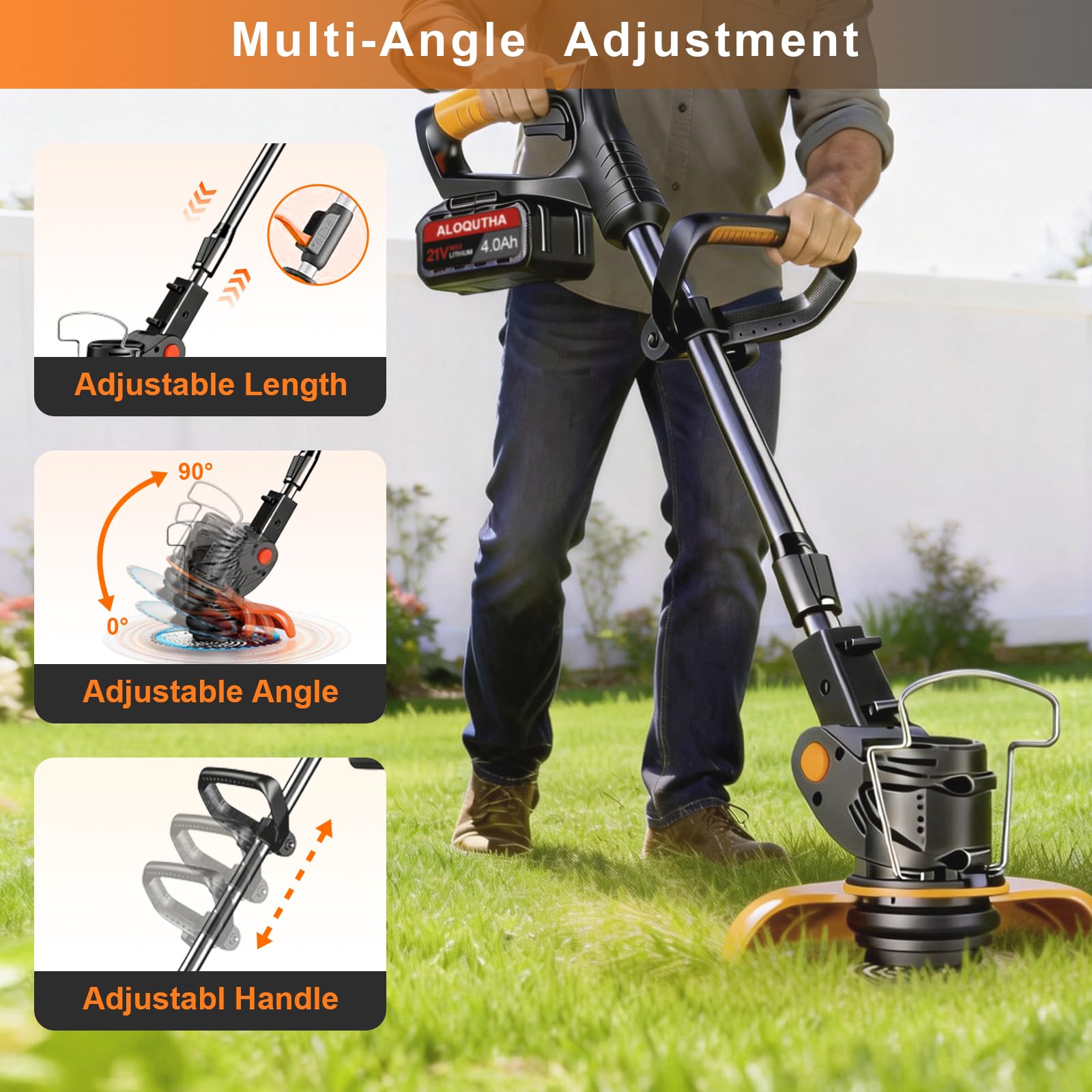 Aloqutha trimmer in a backyard trimming grass showing easy yard maintenance benefit