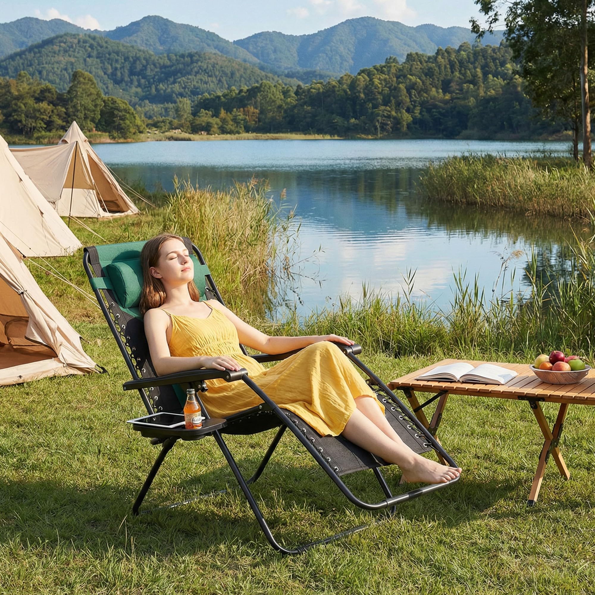 Alpen lounge chair on beach showing outdoor relaxation and travel-ready benefit