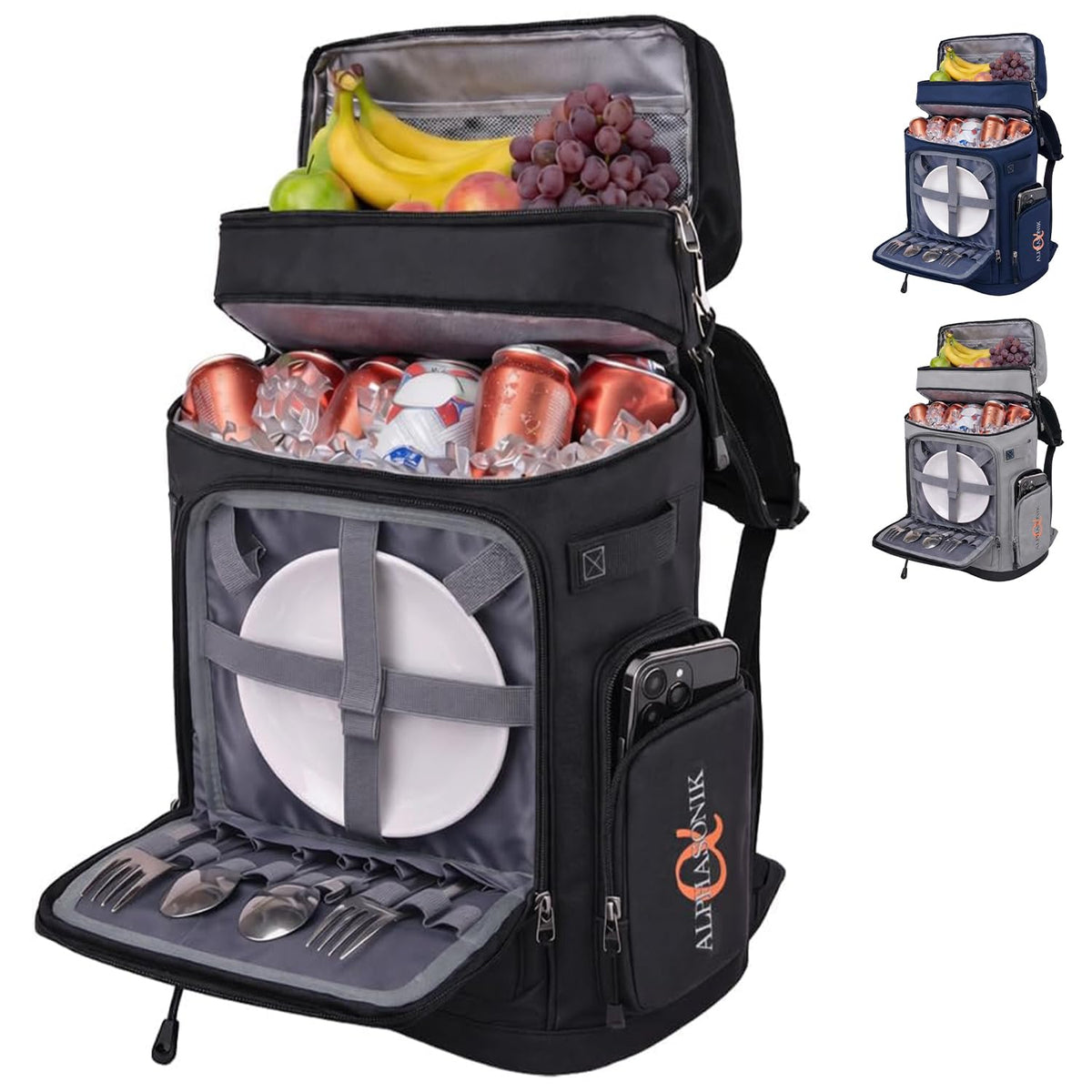 Alphasonik front view of cooler backpack showing compact design and 48-can capacity for easy transport