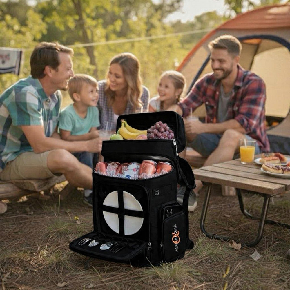 Alphasonik cooler backpack held by hands demonstrating size, capacity and comfortable carry