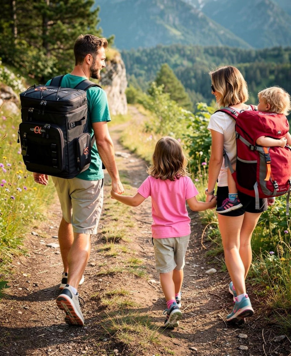 Alphasonik cooler backpack in use at beach keeping drinks chilled and hands-free for activities