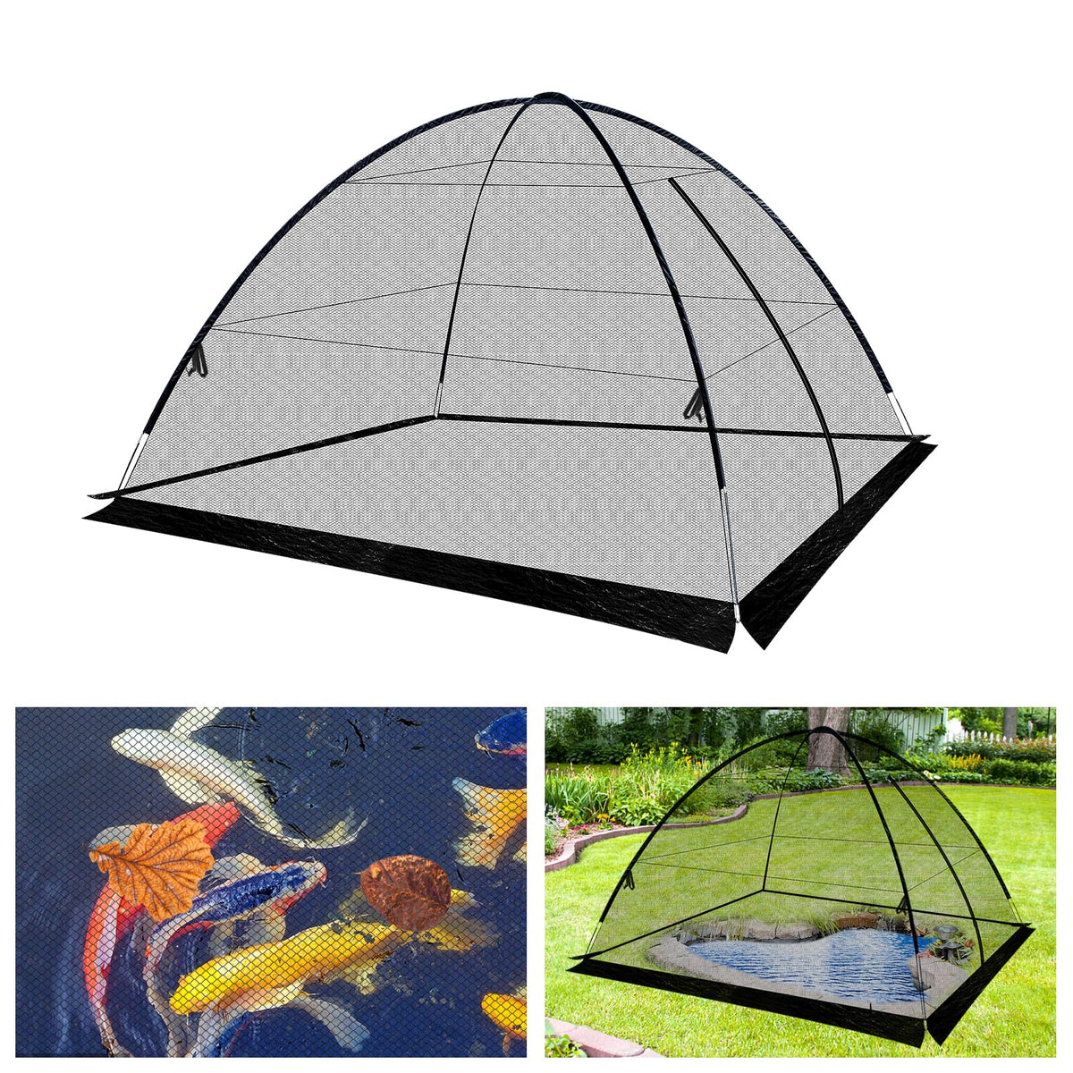 Alphatool front view of pond netting dome showing full coverage and tidy protection