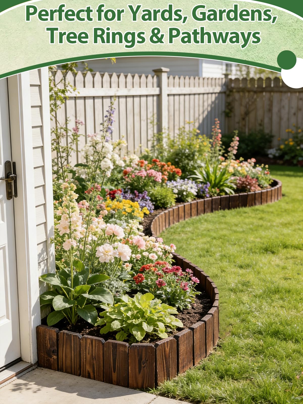 Alphatool curved edging forming a circular flower bed illustrating flexible shaping