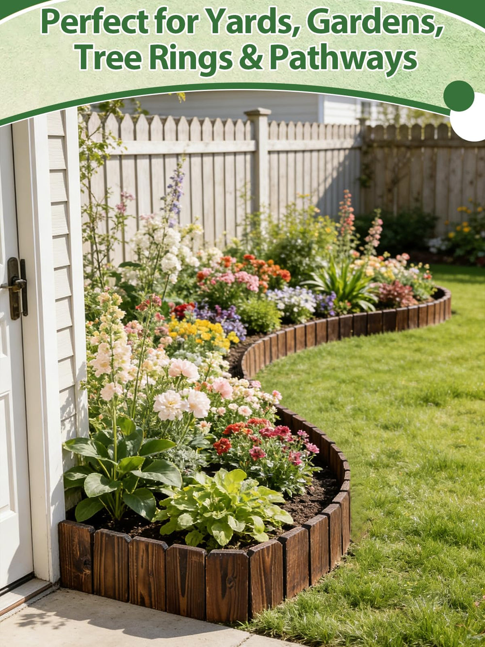 Alphatool curved edging forming a circular flower bed illustrating flexible shaping