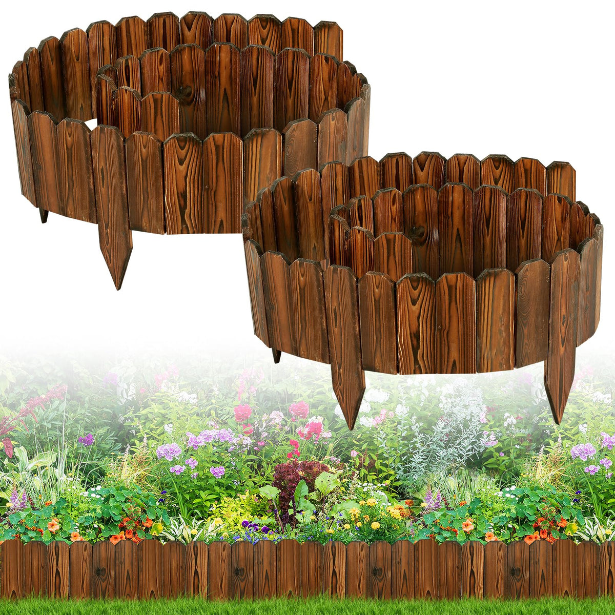Alphatool front view of rustic pine edging showing full 11.8ft panel and curb appeal