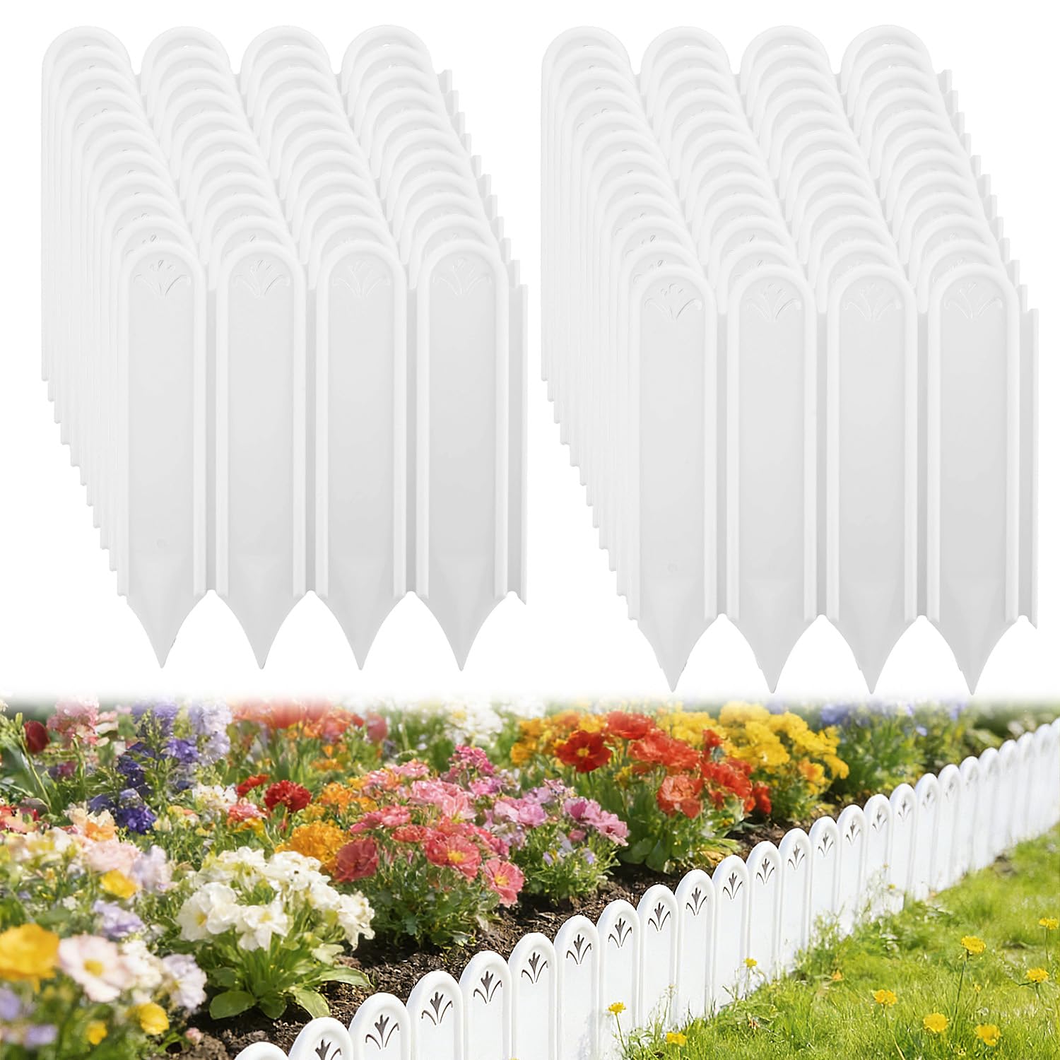Alphatool front view of white connectable garden edging showing clean lawn separation and curb appeal