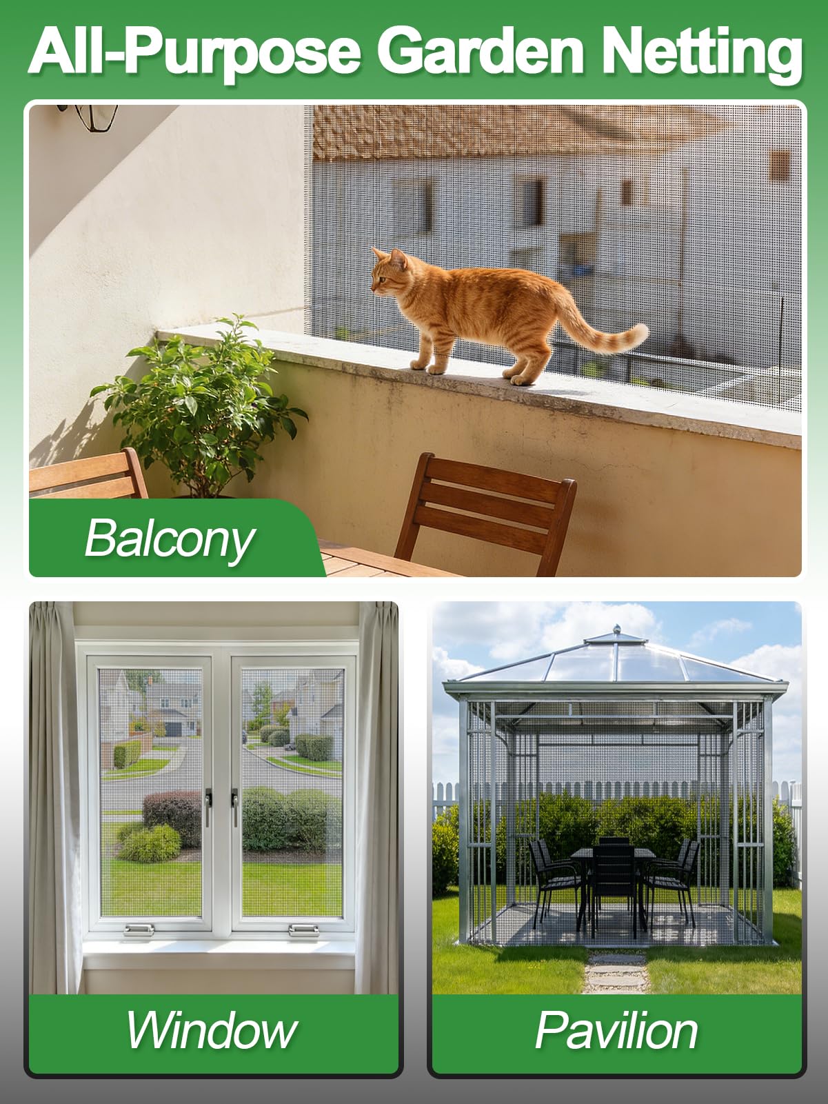 Alphatool netting creating a shaded patio area reducing sun and insects for comfort