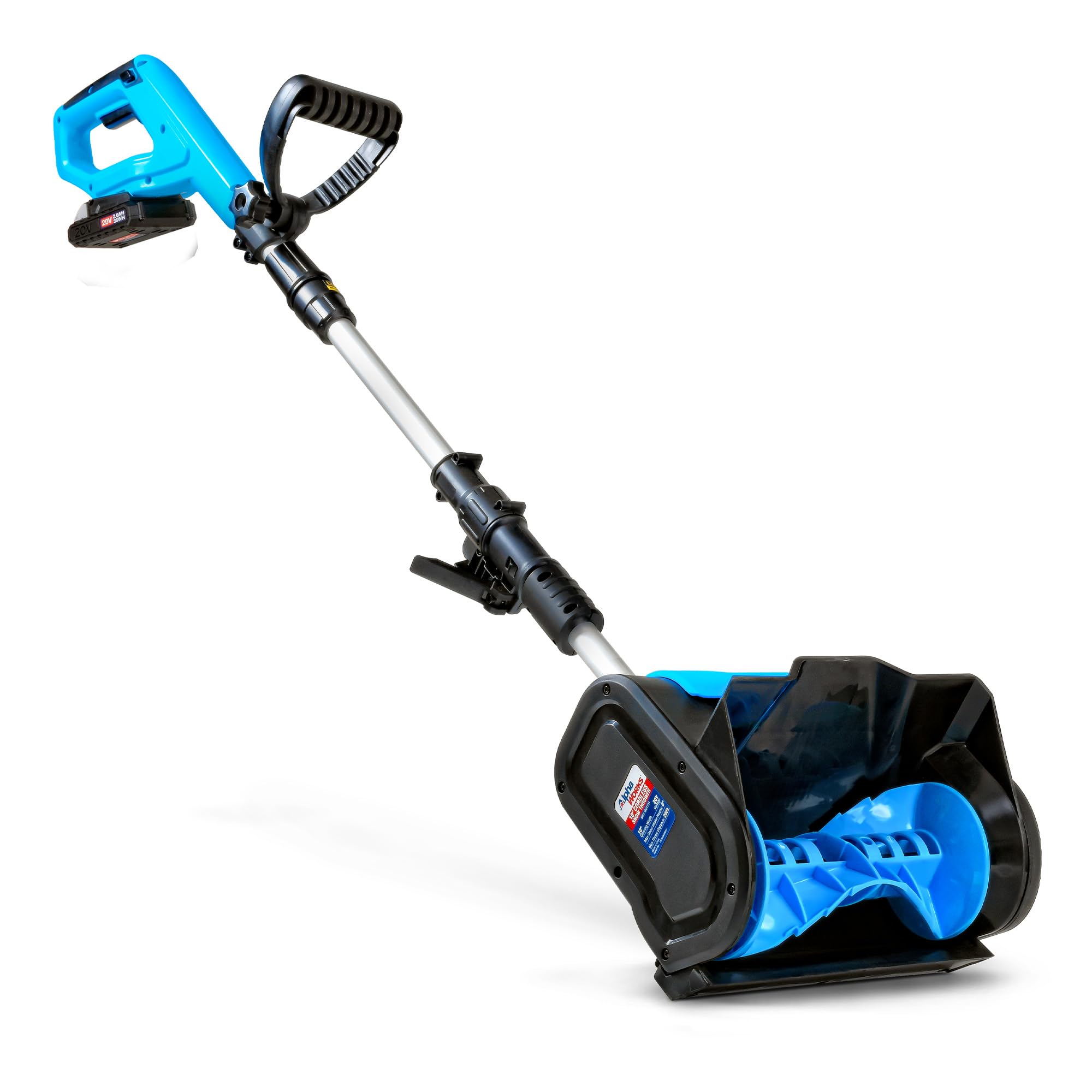 AlphaWorks front view showing compact cordless snow shovel and removable battery benefit