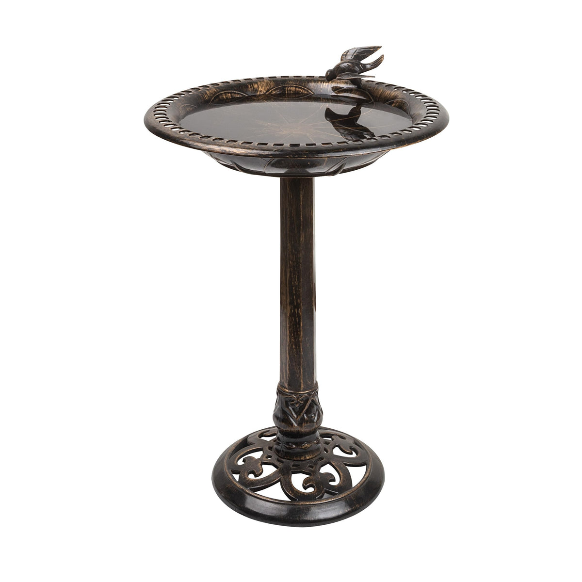 Alpine Corporation front view of bronze birdbath adding vintage charm
