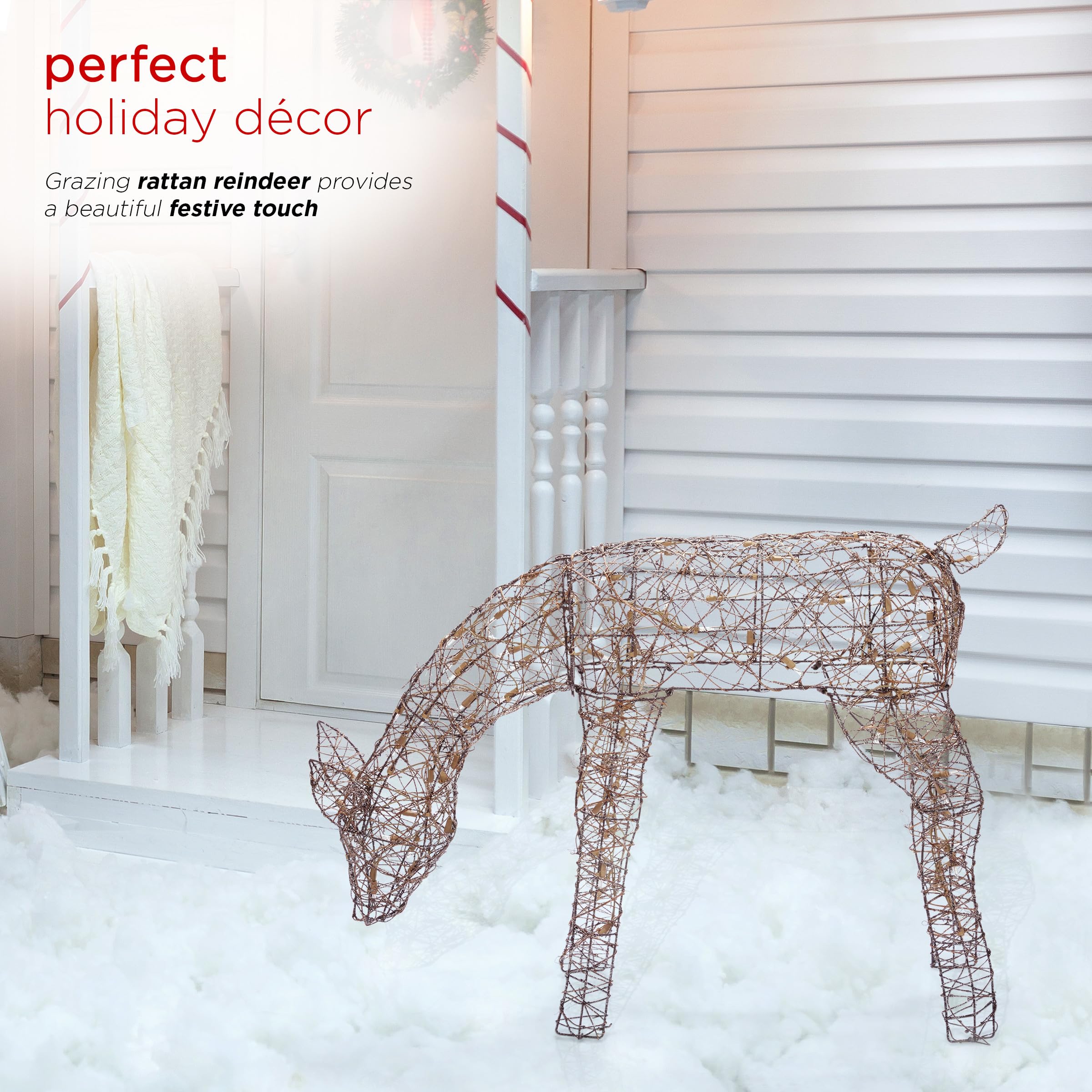 Alpine Corporation reindeer lit on lawn at night providing welcoming holiday light