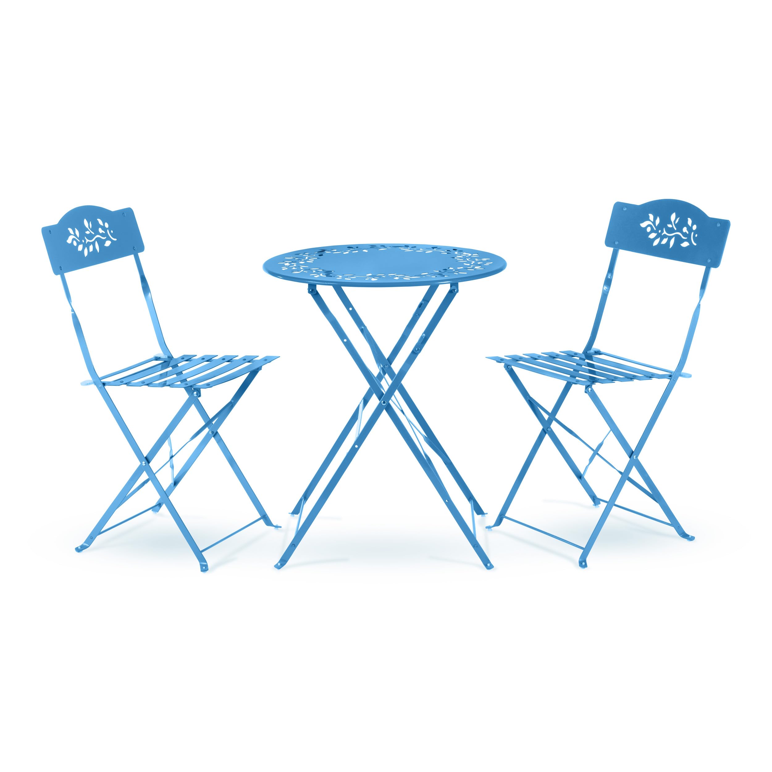 Alpine Corporation front view of blue bistro set showing compact styling and curb appeal