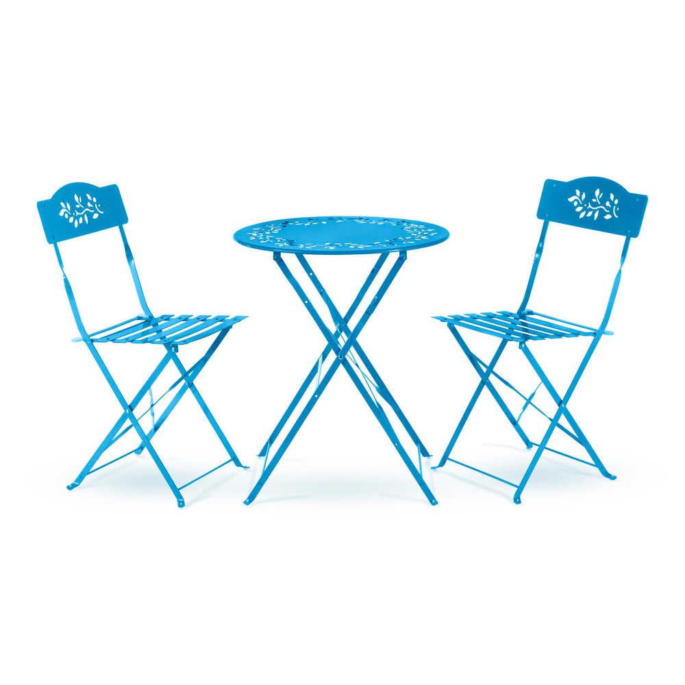 Alpine Corporation front view of blue bistro set showing compact styling and curb appeal