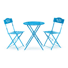 Alpine Corporation front view of blue bistro set showing compact styling and curb appeal
