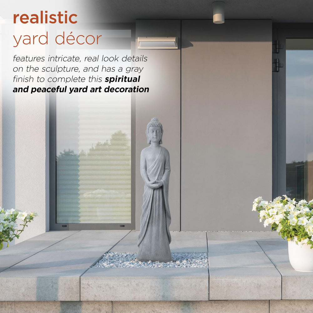 Alpine Corporation Buddha in garden setting adding peaceful landscape ambiance