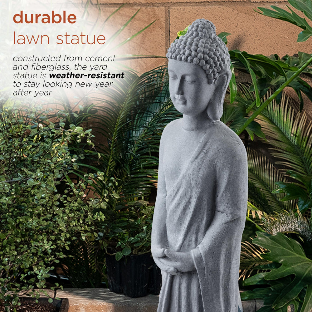 Alpine Corporation Buddha next to pond reflecting serene water-feature placement