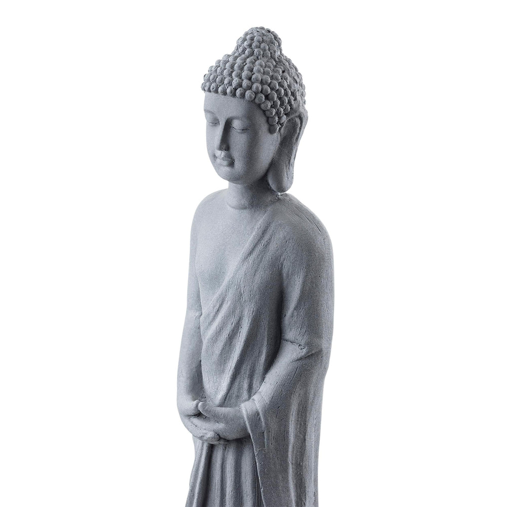 Alpine Corporation Buddha packaging and scale showing ready-to-place outdoor statue