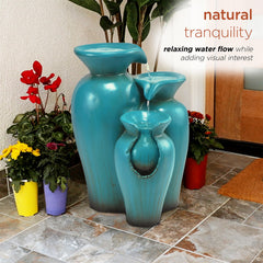 Alpine Corporation side profile of three-tiered pots demonstrating compact outdoor footprint