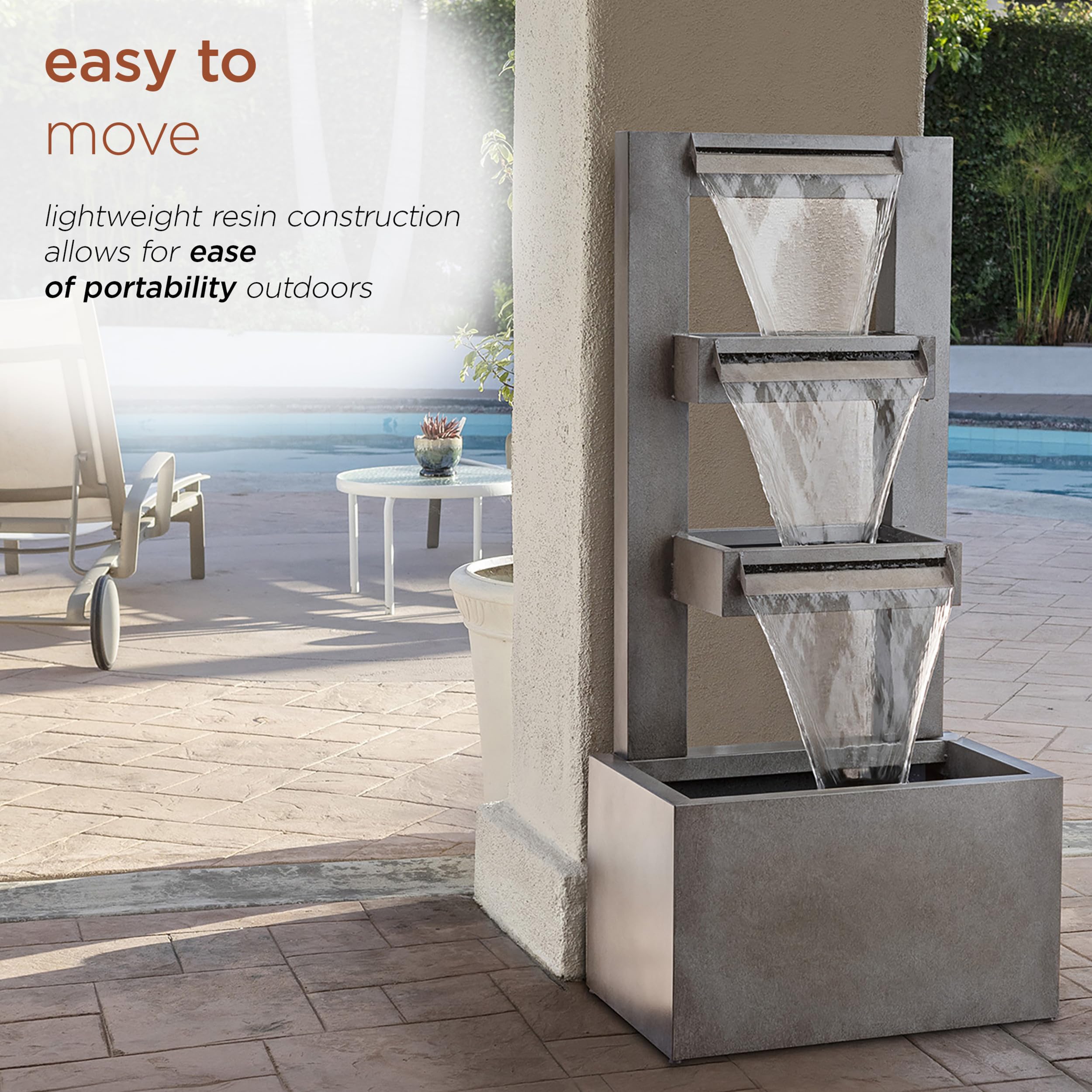 Alpine Corporation water flow detail showing soothing movement benefit