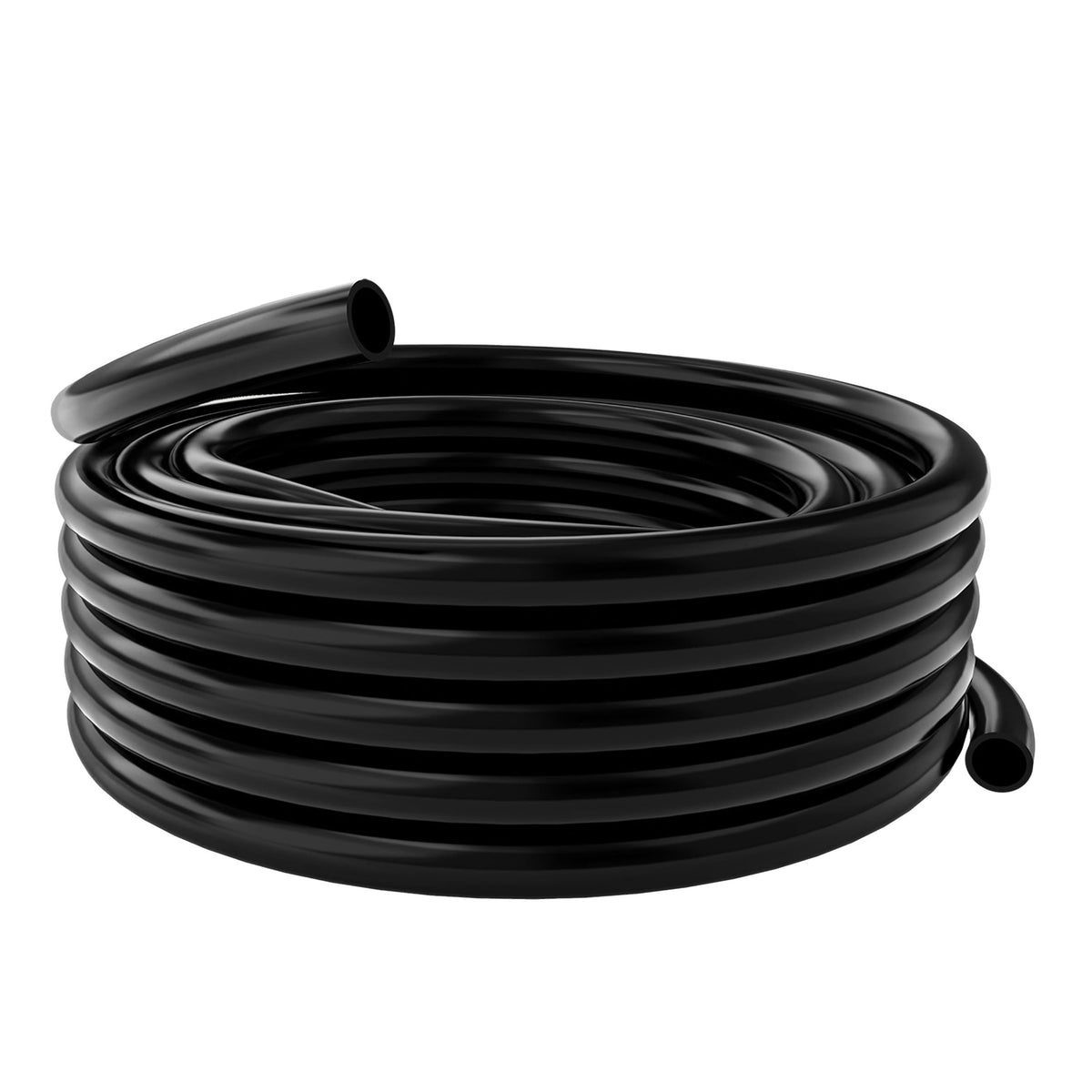Alpine Corporation front view of 100-foot black PVC coil showing compact storage and reach