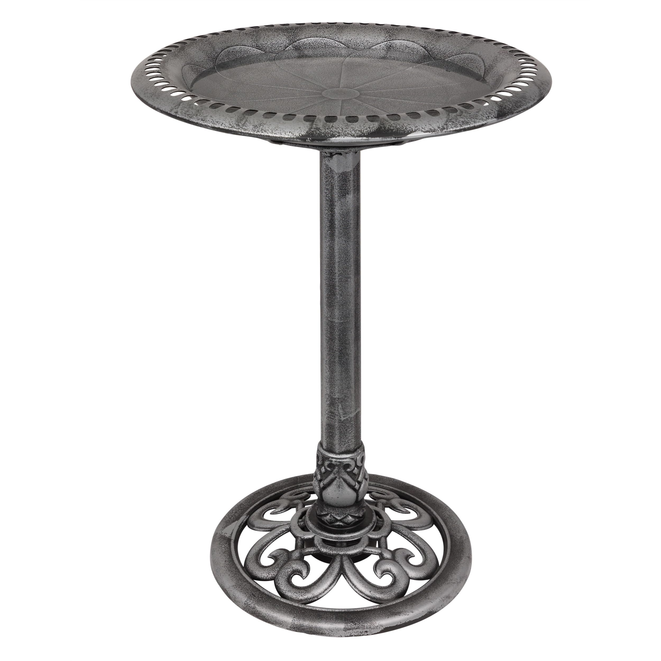 Alpine Corporation birdbath front view showing elegant scrollwork and stable pedestal