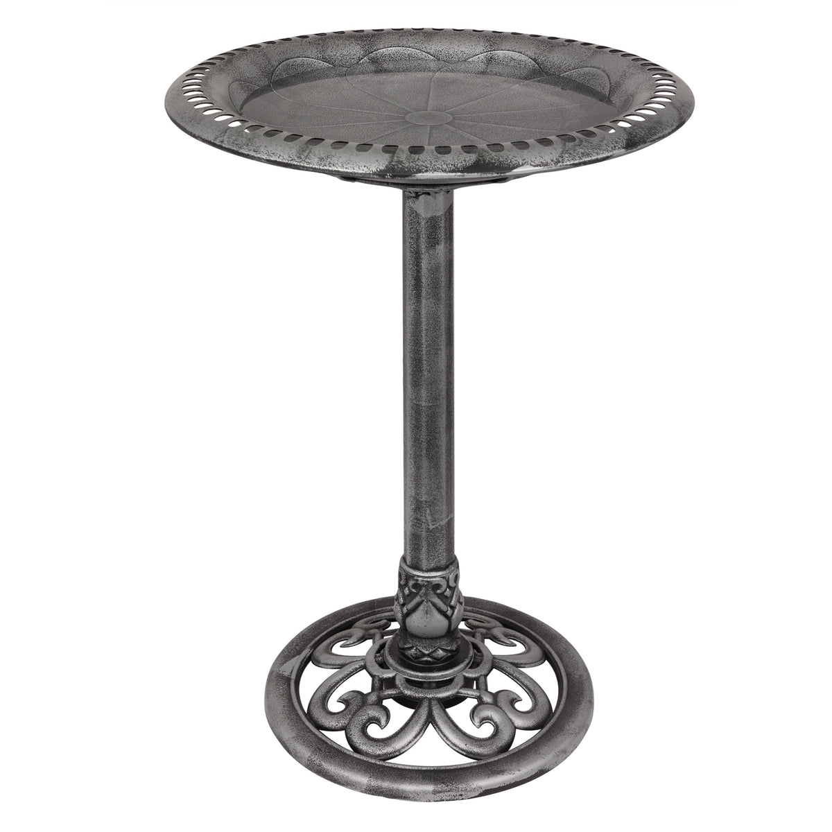 Alpine Corporation birdbath front view showing elegant scrollwork and stable pedestal