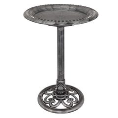Alpine Corporation birdbath front view showing elegant scrollwork and stable pedestal