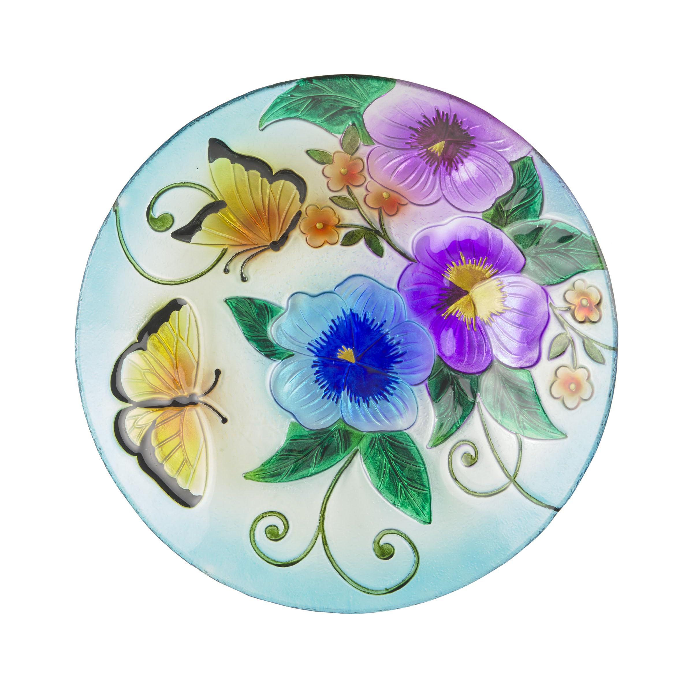 Alpine Corporation front view of 18-inch birdbath topper showing colorful butterflies and flowers for garden charm
