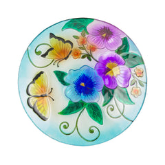 Alpine Corporation front view of 18-inch birdbath topper showing colorful butterflies and flowers for garden charm