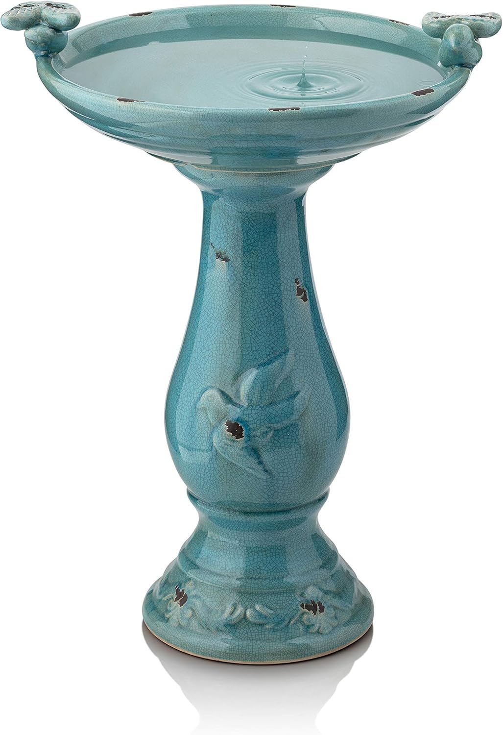 Alpine Corporation front view of turquoise birdbath showing attraction