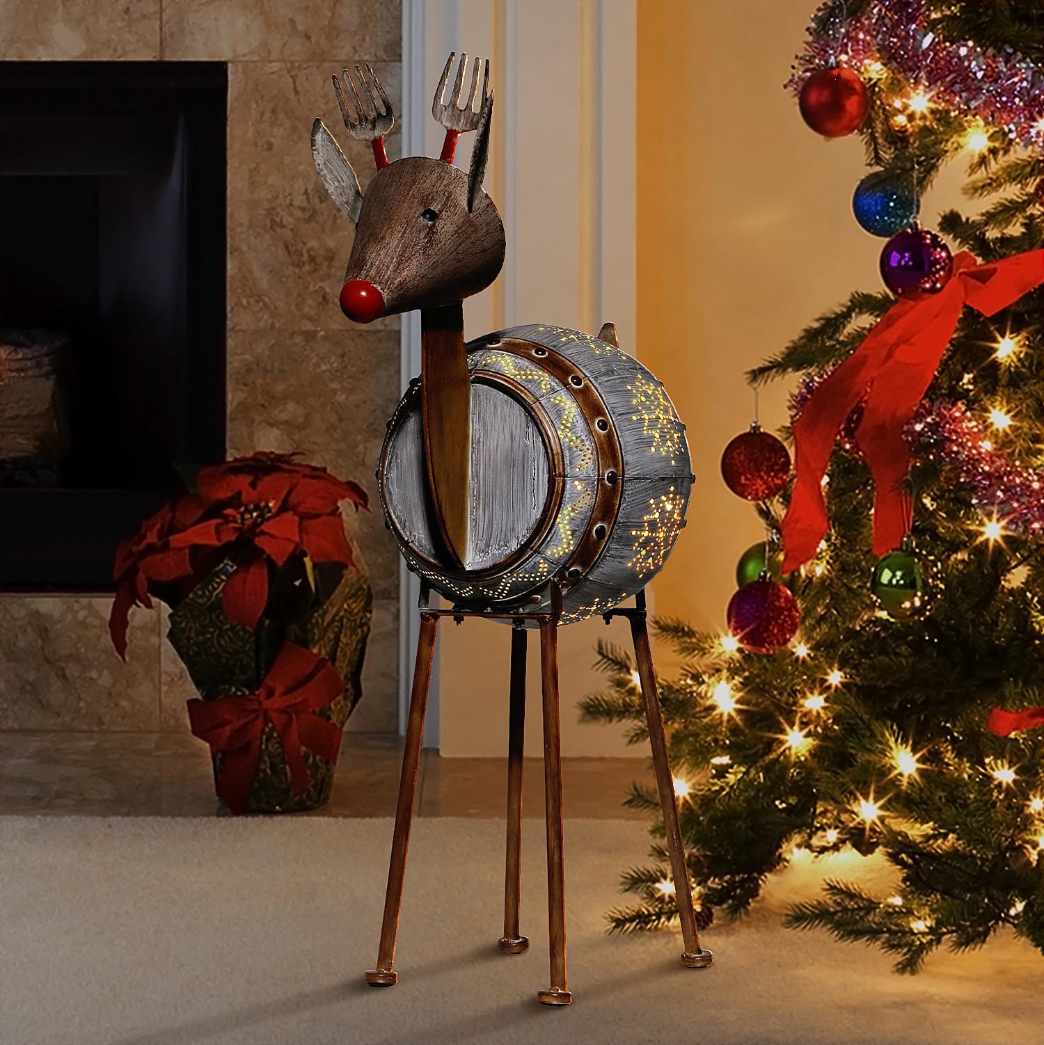Alpine Corporation front view metal barrel reindeer creating festive focal point