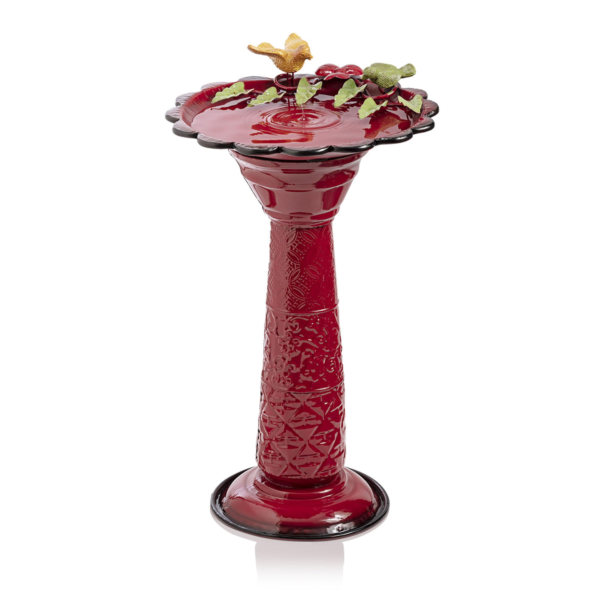 Alpine Corporation front view of red metal birdbath showing attractive finish and shape