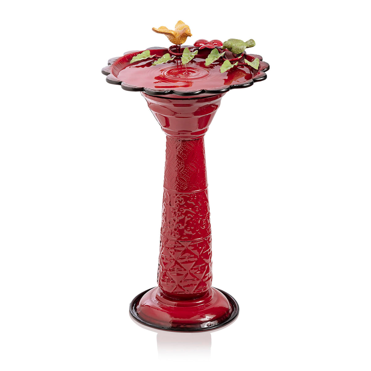 Alpine Corporation front view of red metal birdbath showing attractive finish and shape
