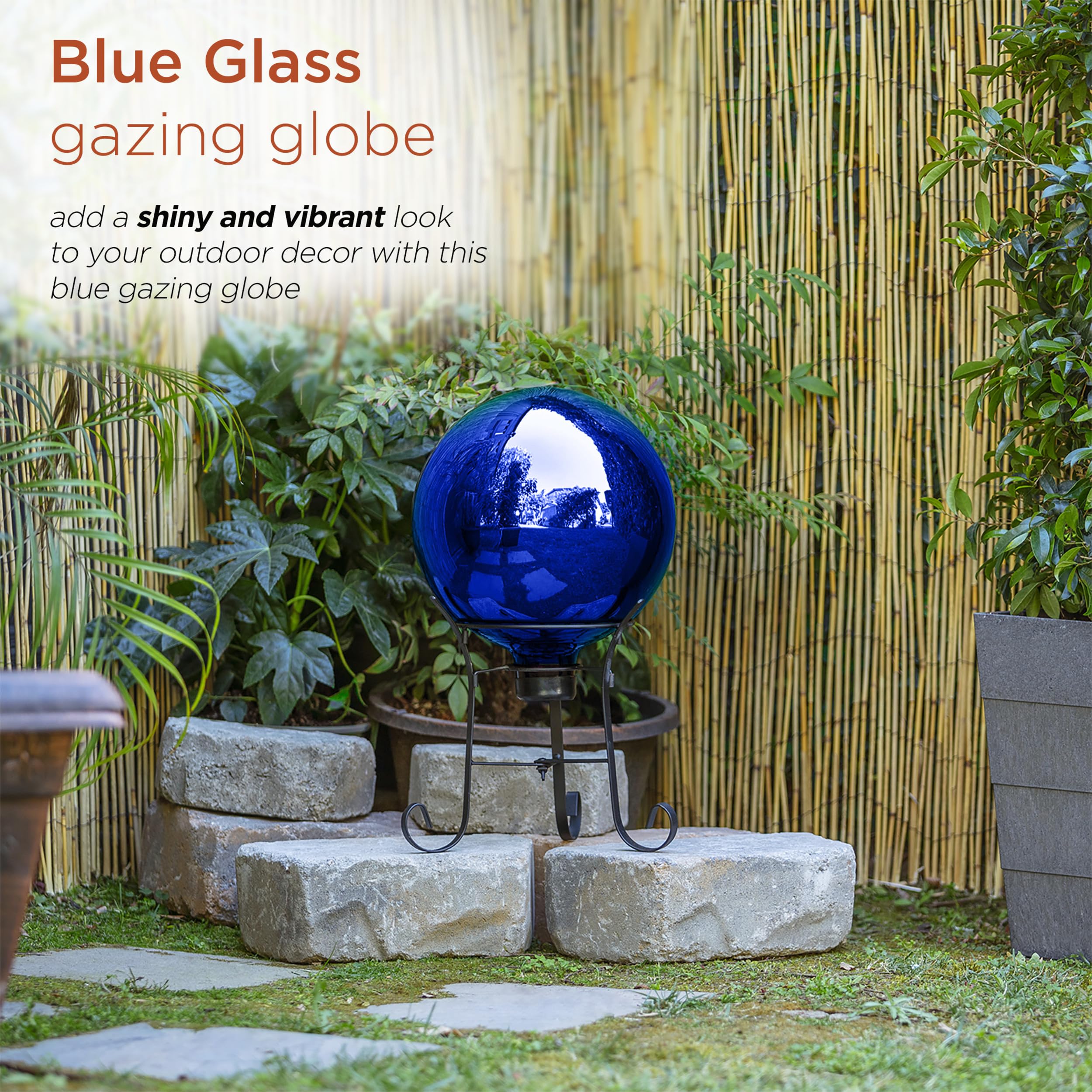 Alpine Corporation close-up of globe surface reflecting sunlight to brighten garden