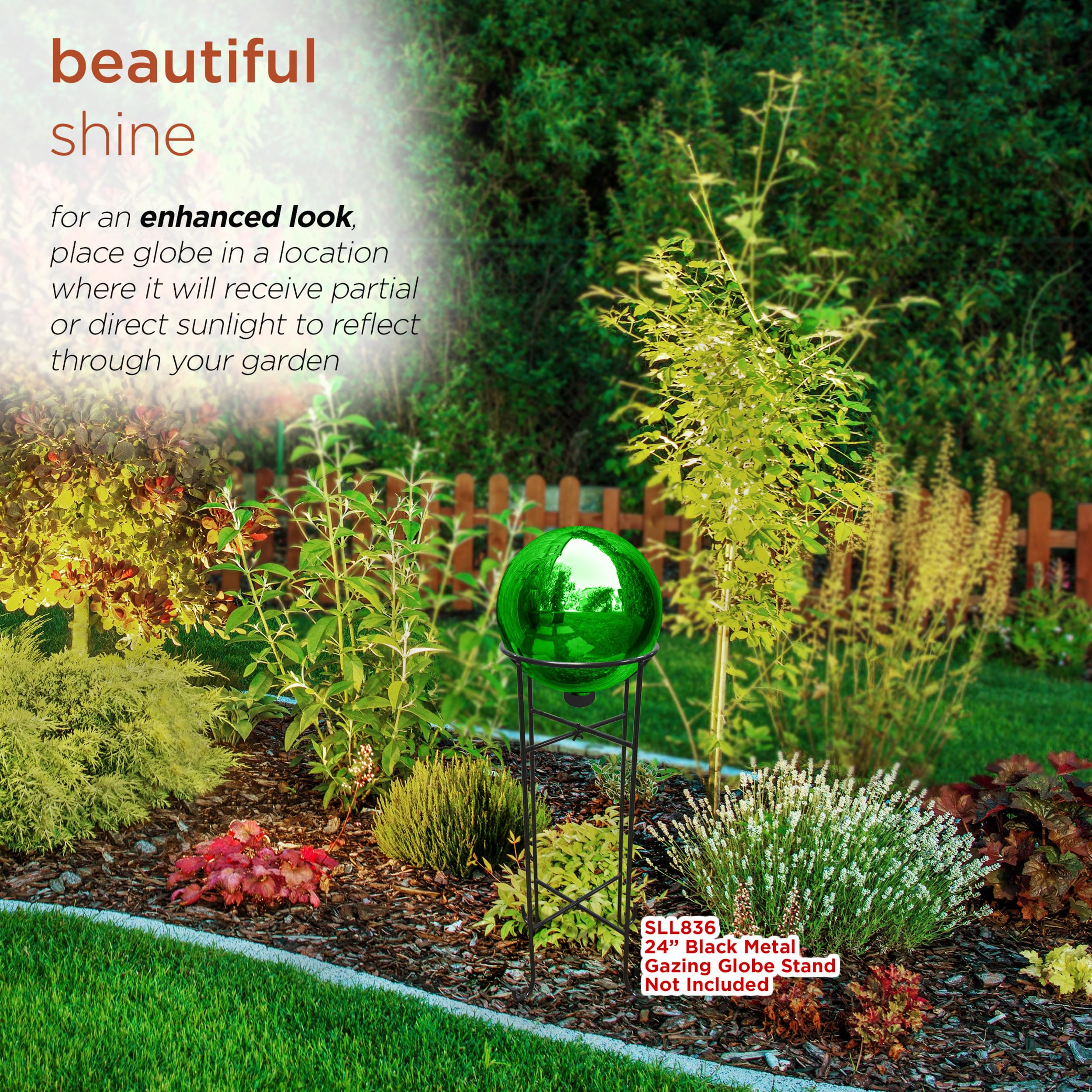 Alpine Corporation globe nestled in garden bed enhancing plant colors and depth