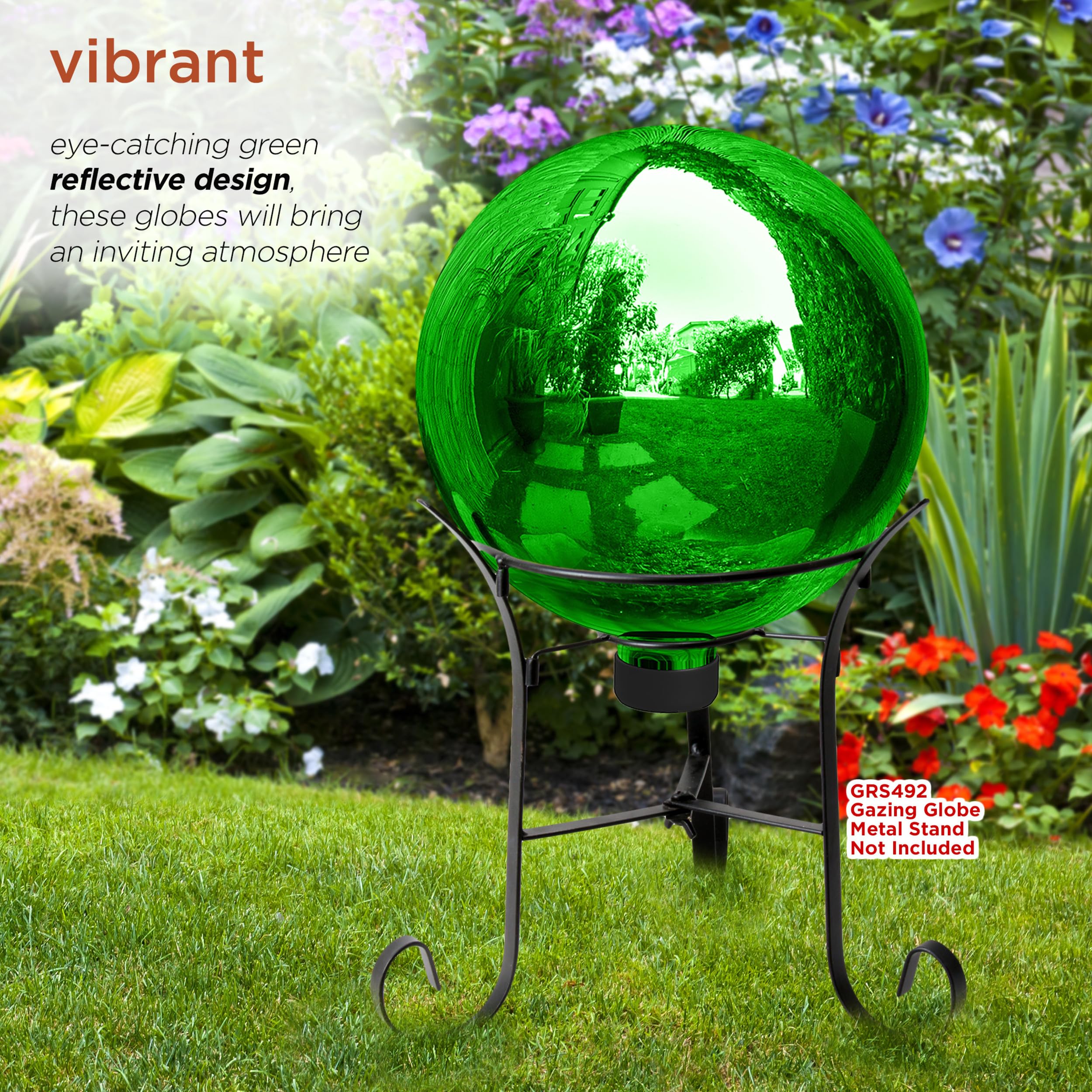 Alpine Corporation globe on a low stand at patio demonstrating decorative focal point
