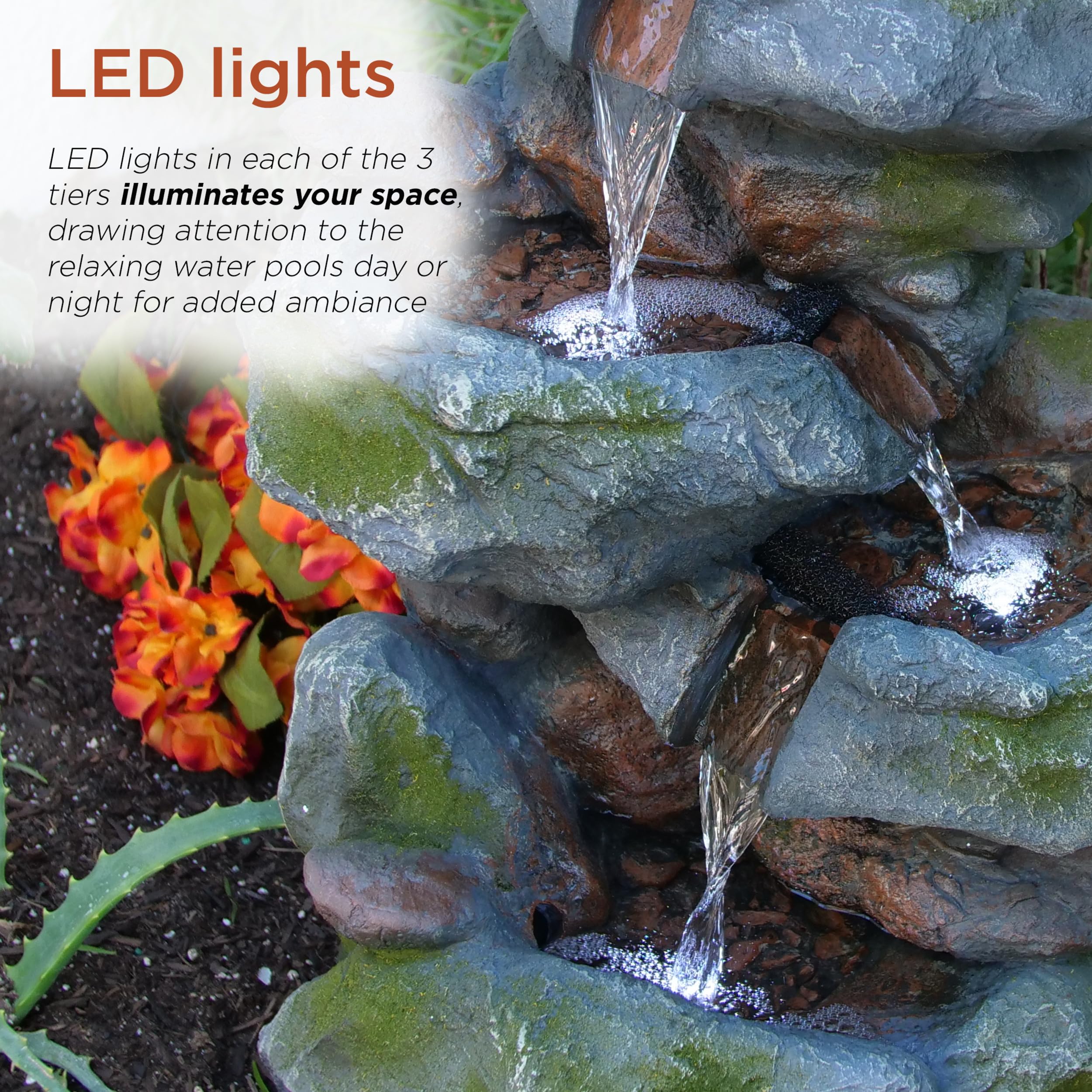 Alpine Corporation fountain lit by LEDs at night adding soft ambient lighting