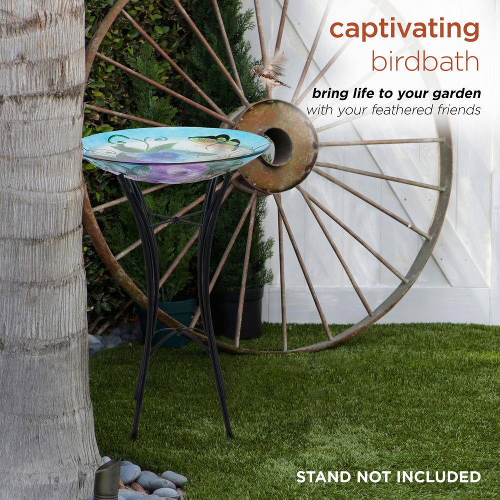 Alpine Corporation birdbath mounted on a metal stand to show easy installation and stable display