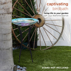 Alpine Corporation birdbath mounted on a metal stand to show easy installation and stable display