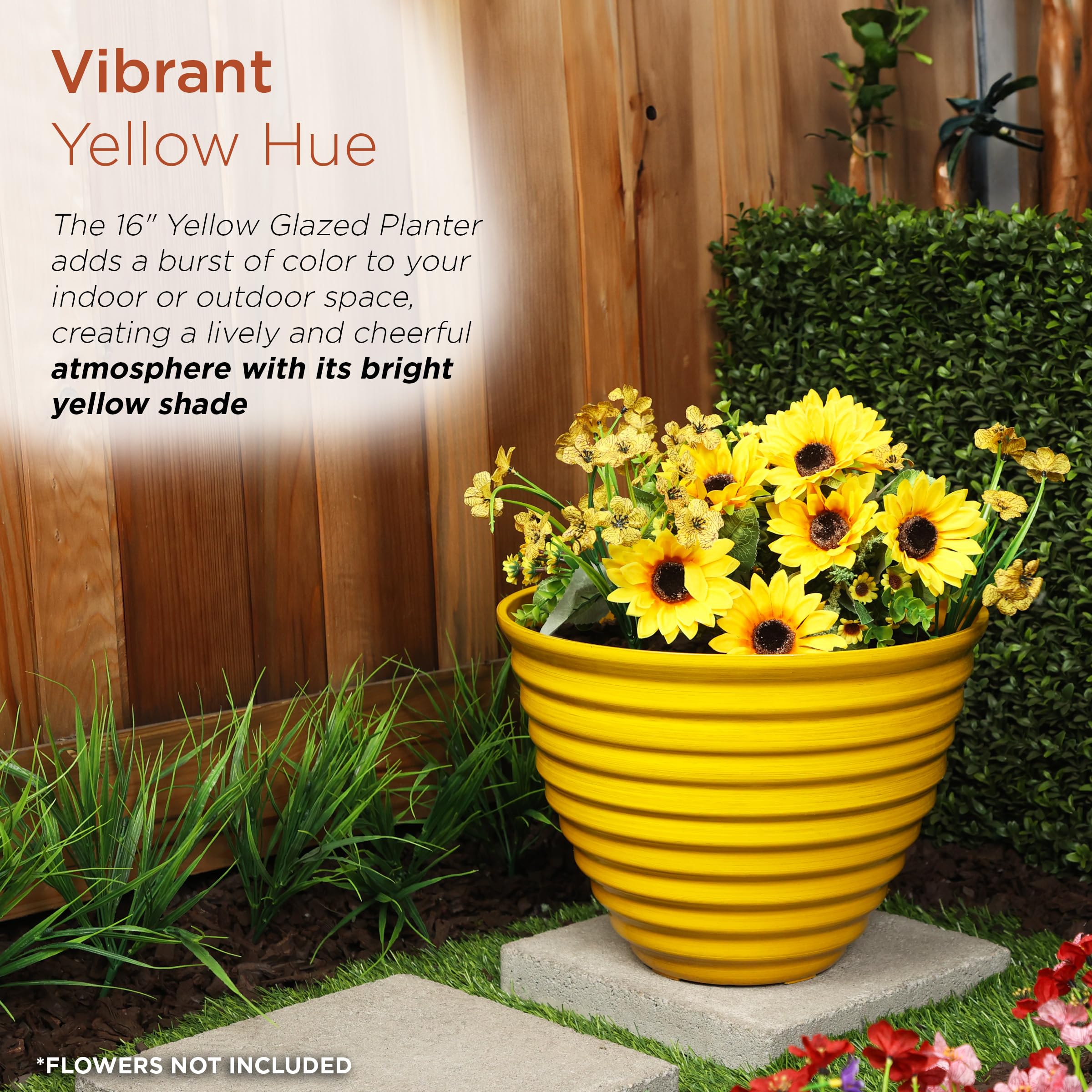 Alpine Corporation planter beside ruler showing 16-inch scale for sizing clarity