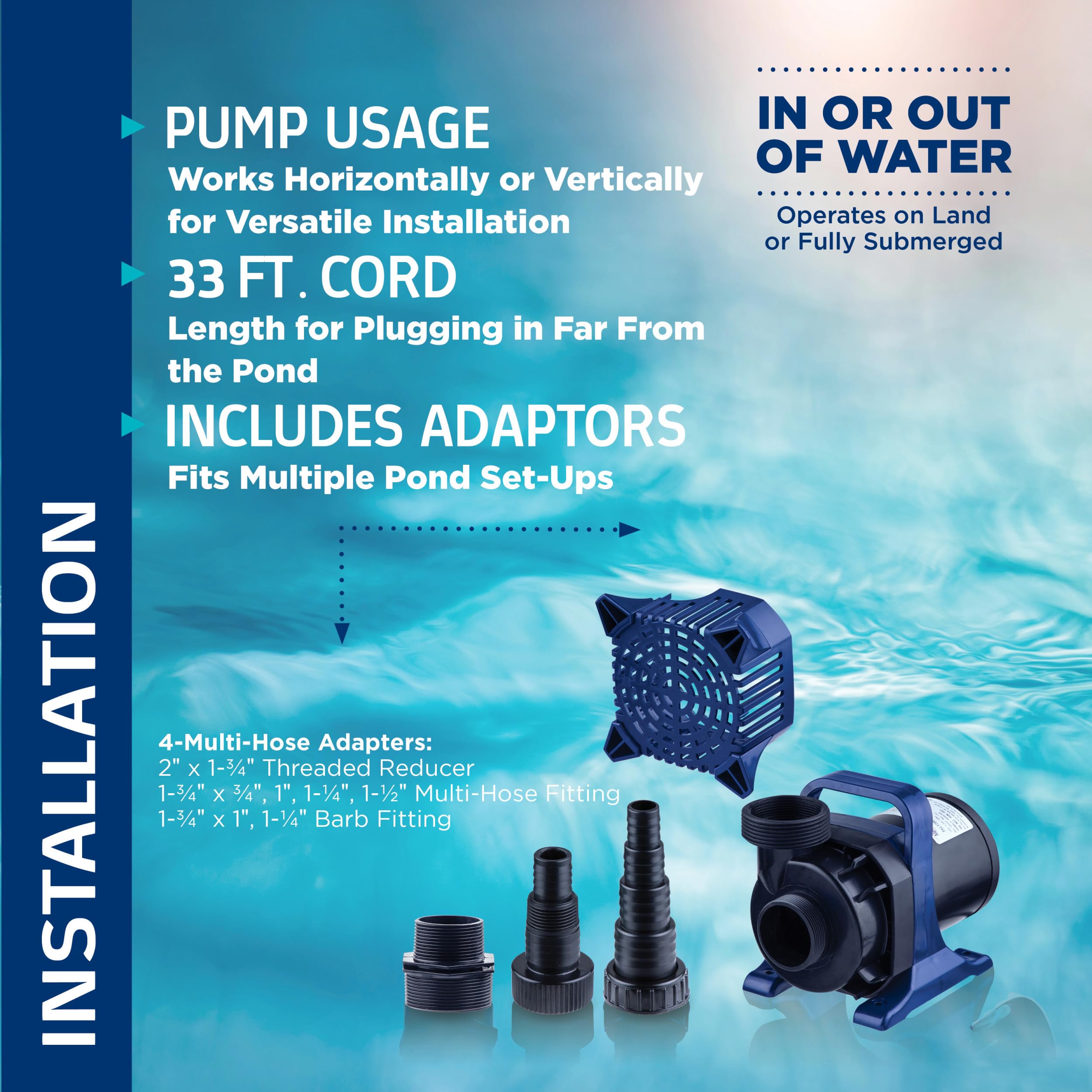Alpine Corporation pump submerged in pond demonstrating reliable outdoor circulation
