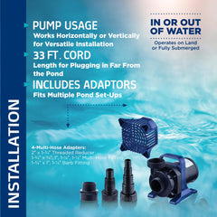 Alpine Corporation pump submerged in pond demonstrating reliable outdoor circulation