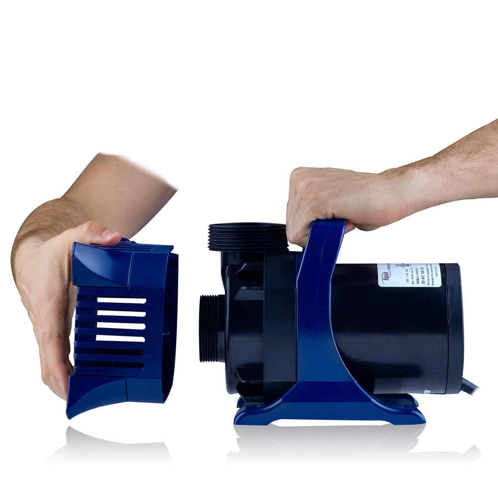 Alpine Corporation pump next to garden hose for size and scale comparison