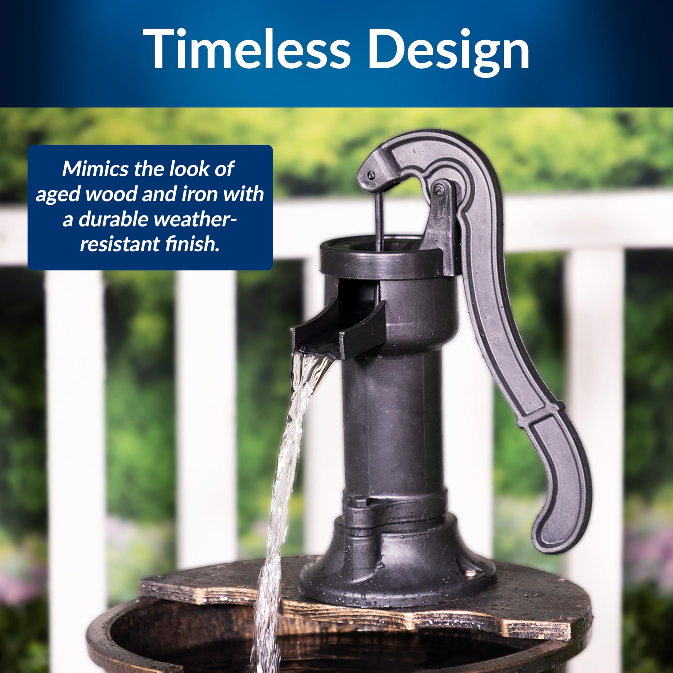 Alpine Corporation vintage pump spout pouring water showing soothing waterfall sound